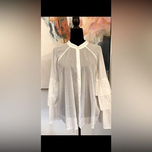 BCBG MaxAzaria White Summer top Bell Ruffle sleeves . Button down. NWT.